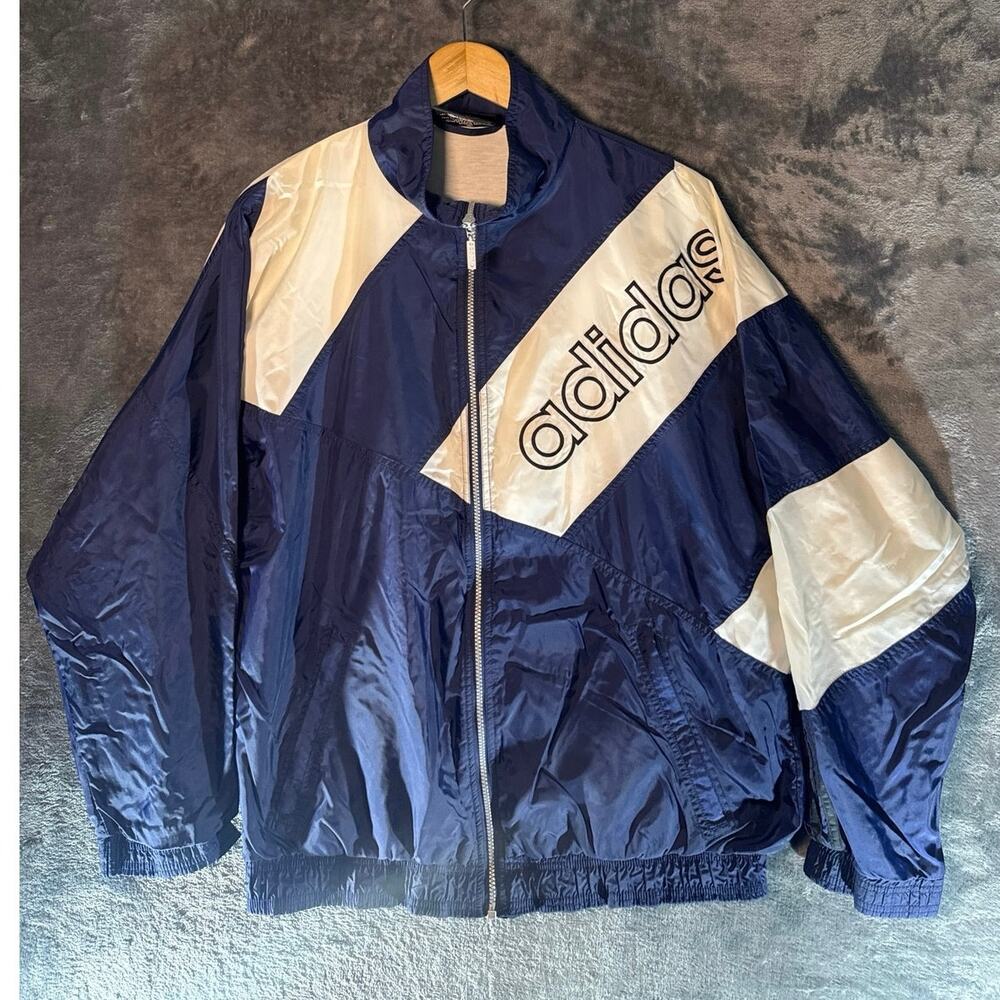Vtg 90s Adidas Big Logo Full Zip Color Block Windbreaker Jacket Navy Blue Large